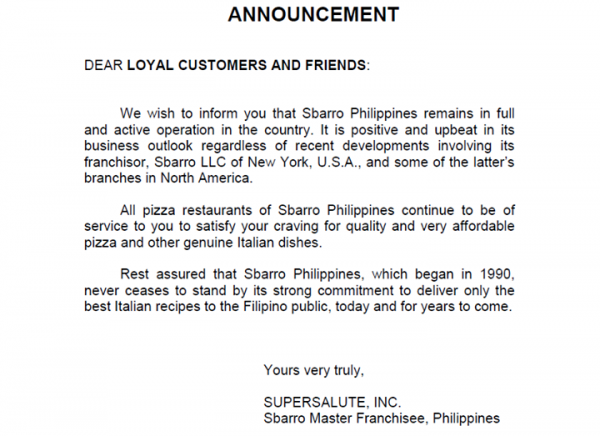 Important announcement from SBARRO