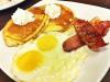 pancake, bacon, eggs